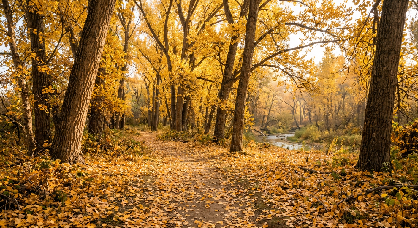 Autumn forest path covered in golden leaves, with tall trees arching overhead