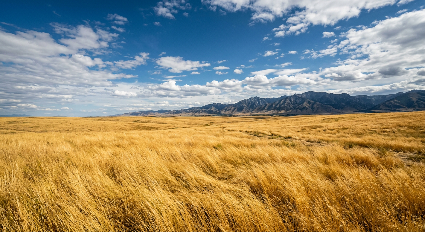 Golden grassland under a blue, cloud-filled sky with mountains in the distance