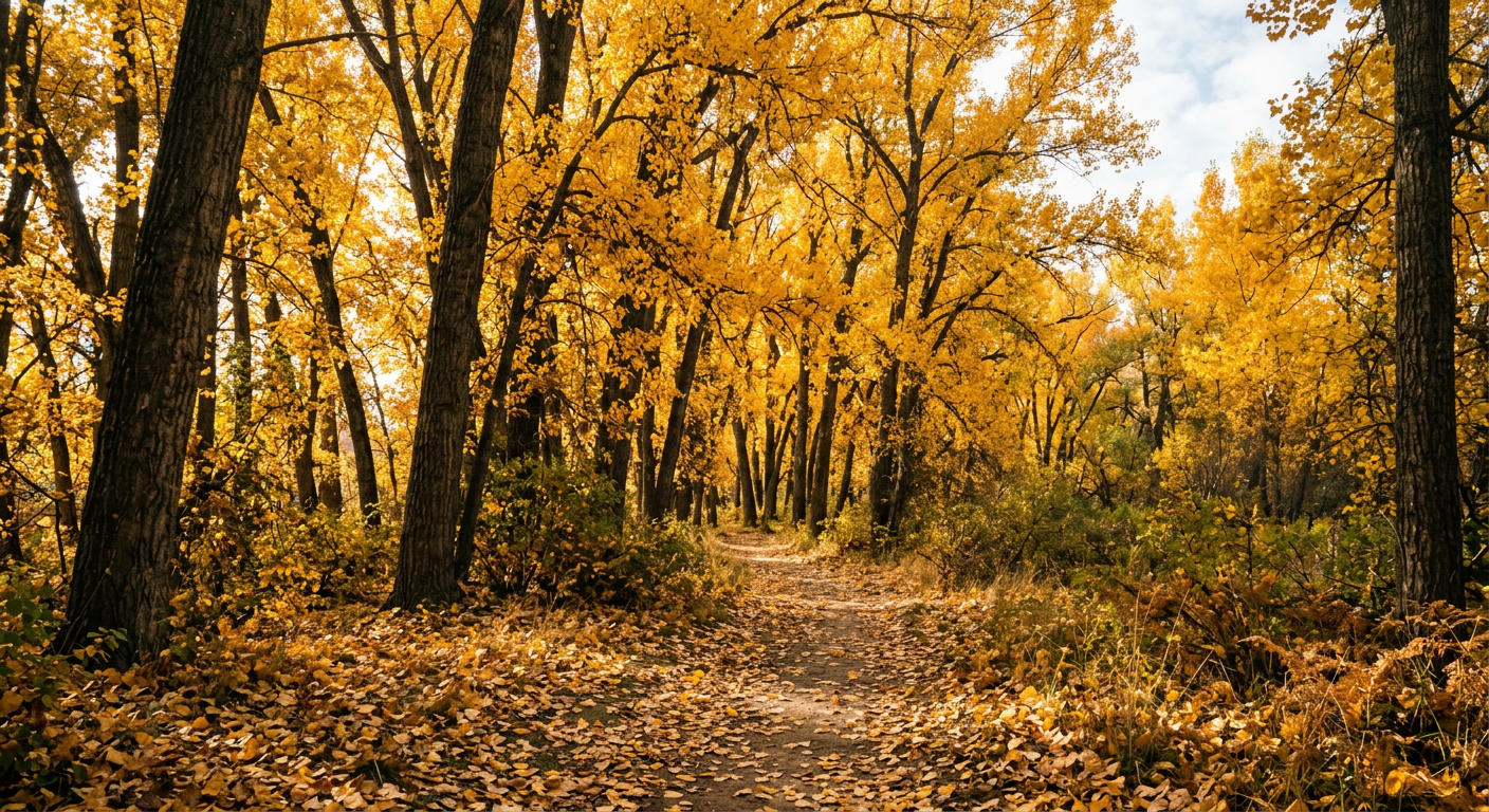 Autumn forest path lined with tall trees and golden leaves