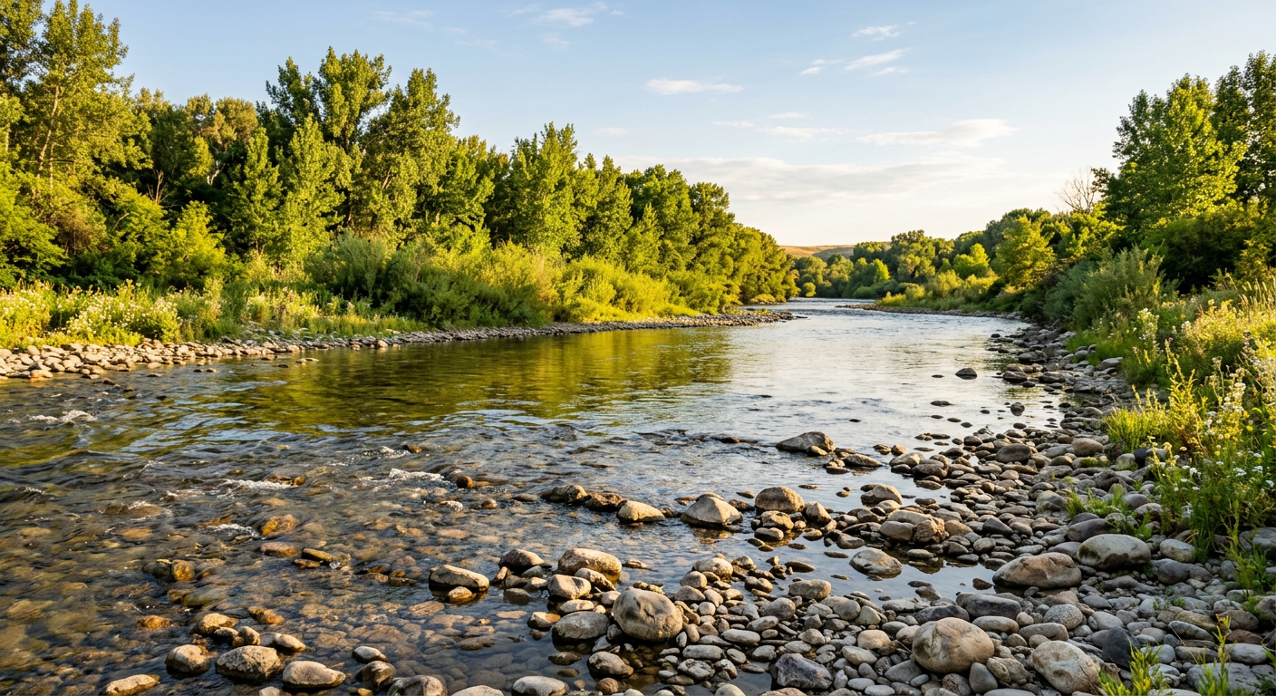 Rocky riverbank with shallow water, green trees, and a bright sky at sunset