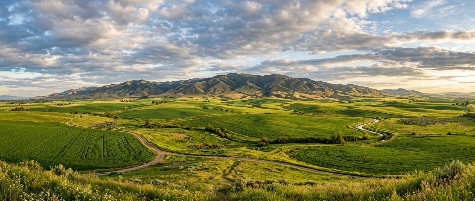 Panoramic view of green farmland and rolling hills under a cloudy sky at sunset