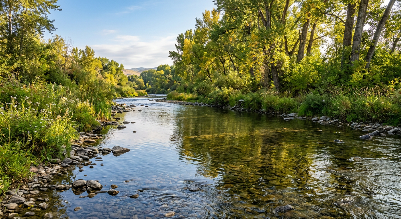 Sunlit river flowing through a lush green forest under a clear blue sky