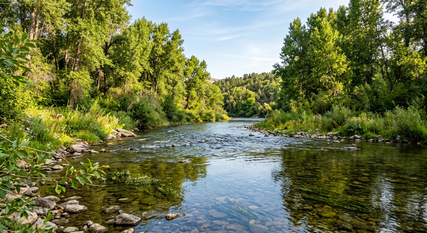 Calm river flowing through a lush green forest under a bright blue sky
