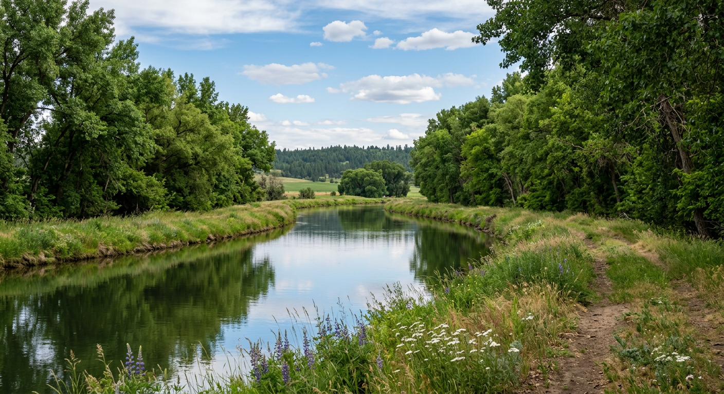 Serene river bordered by lush green trees and wildflowers under a blue sky with clouds