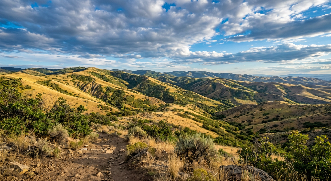 Sunlit rolling hills with dry grass, green shrubs, and a cloudy blue sky
