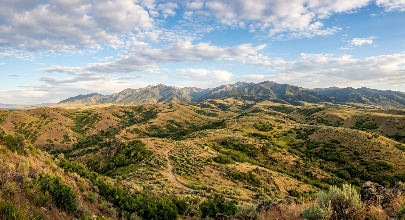 Wide view of sunlit green hills and rugged mountains under a partly cloudy sky