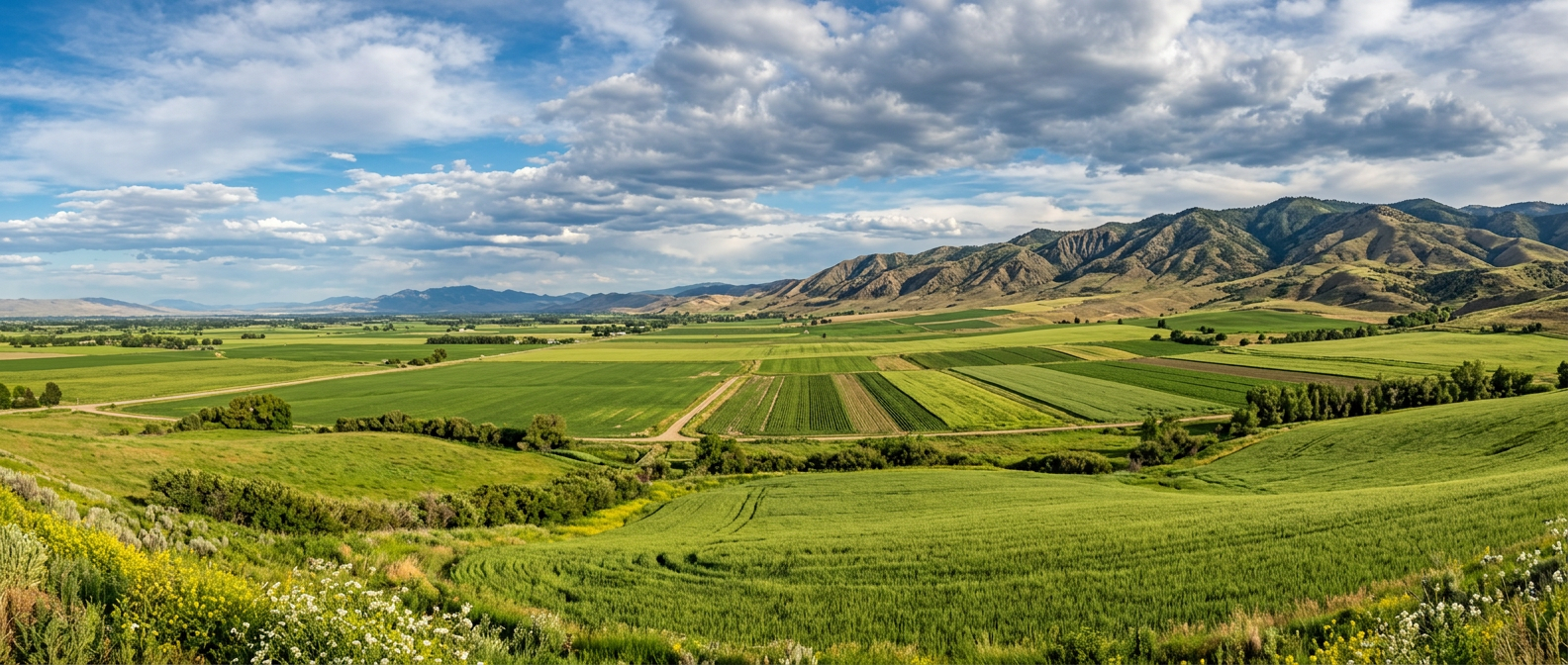 Green crop fields with rows leading to distant mountains under a bright blue sky with clouds