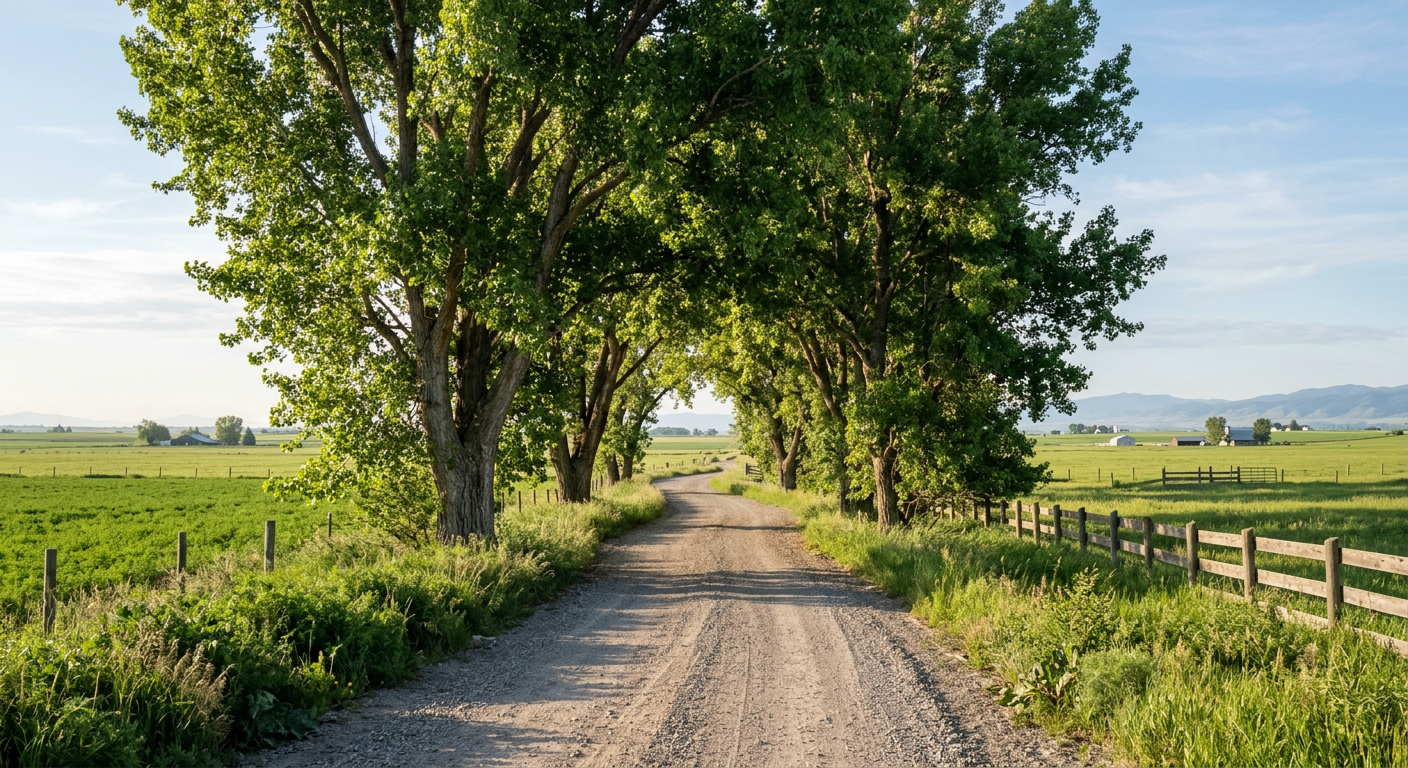 Gravel road lined with trees and green fields under a bright sky