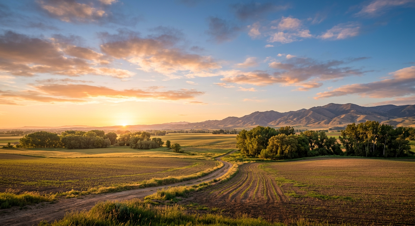 Sunlit farmland with rows of crops, a dirt path, trees, and mountains under a colorful sunrise sky