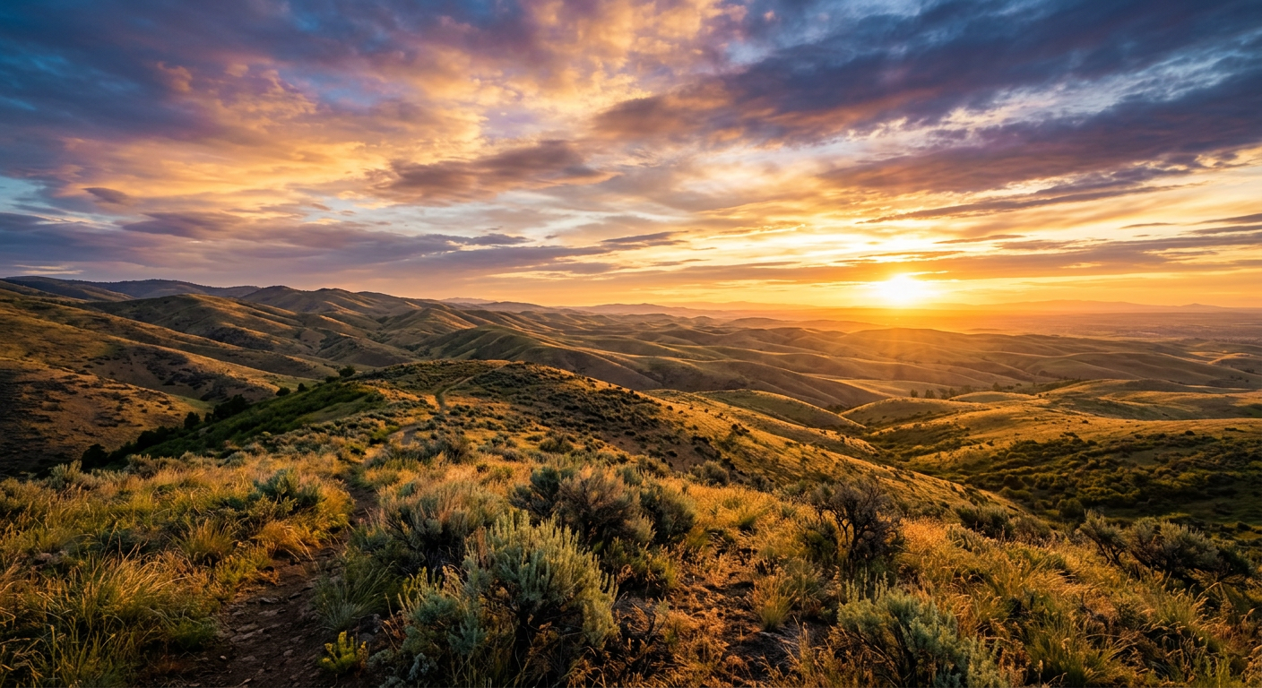 Sunset over rolling hills with golden light and dramatic clouds over a grassy landscape