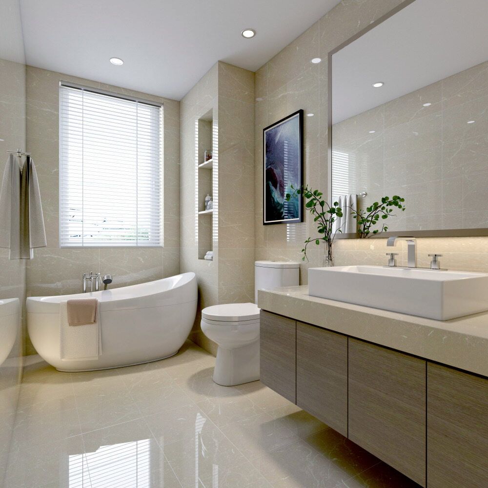 A Bathroom With A Tub, Toilet, Sink And Mirror — Browny's Glass & Aluminium in Wingham, NSW