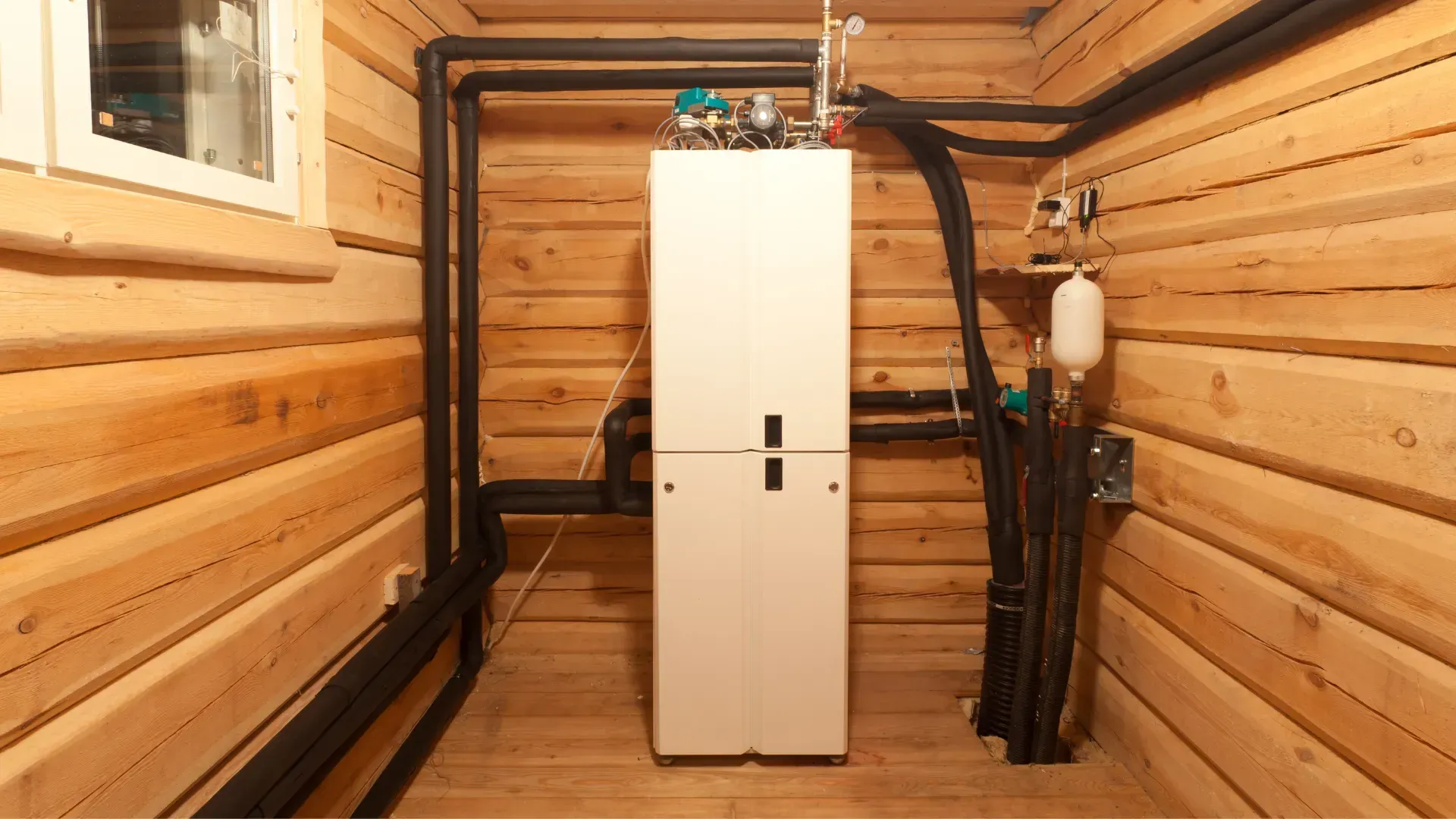 A white refrigerator is sitting in a wooden room next to a window.