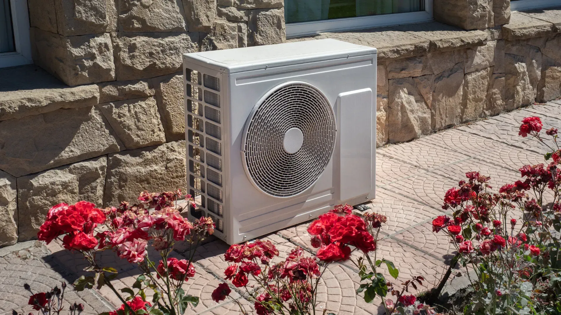 A white air conditioner is sitting on a sidewalk next to flowers.