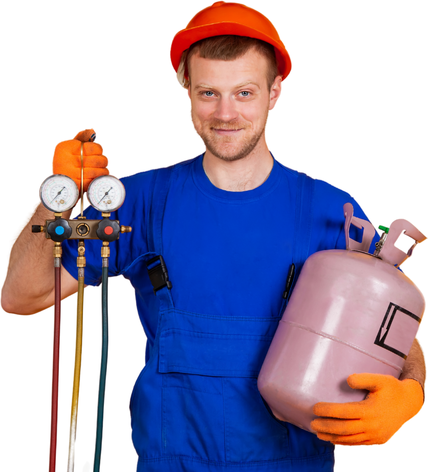 A man in a hard hat is holding a cylinder of gas