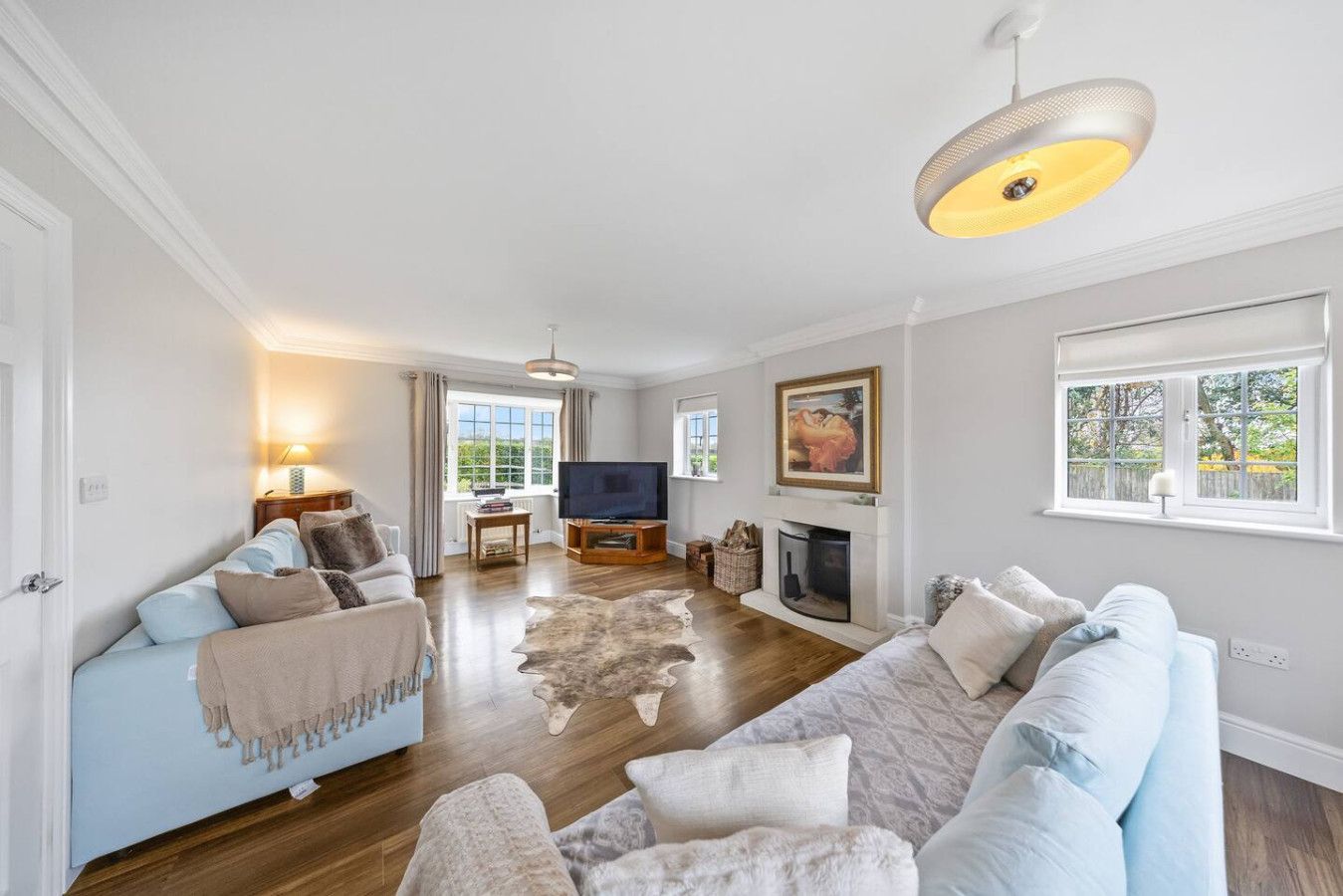 A bright living room with light walls, two light-blue sofas, hardwood floors, a patterned rug, and a television.