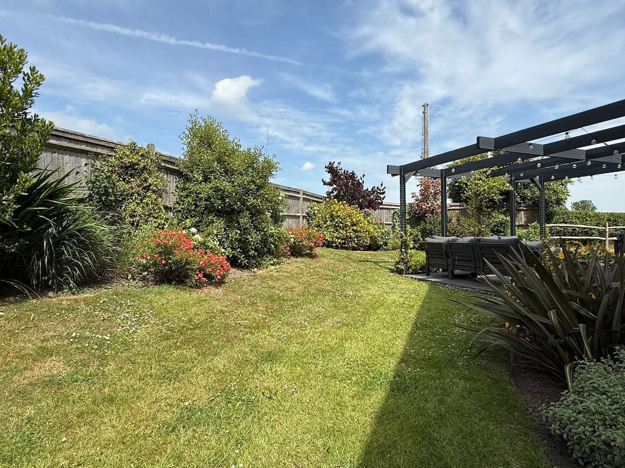 A sunny backyard with a lush green lawn, various trees and flowering bushes, a wooden fence, and a black pergola.