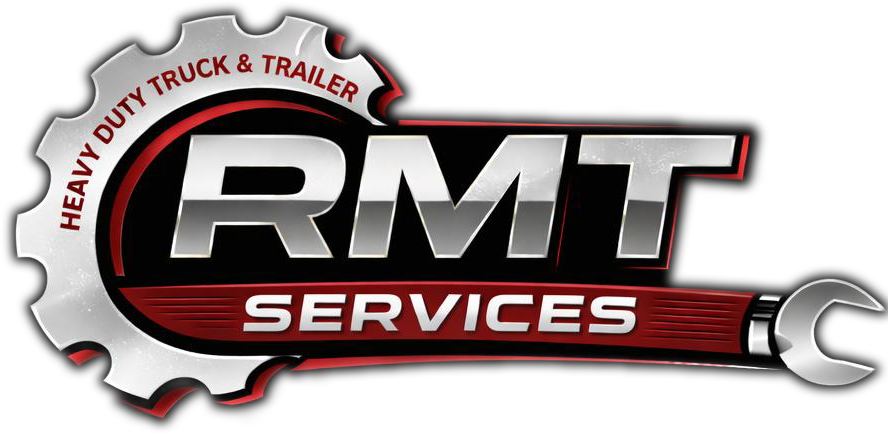 Logo for RMT Services, heavy duty truck and trailer repair. Features gear, wrench, and text on a red background.