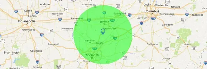 Map of Ohio with a large green circle highlighting the area around Dayton.