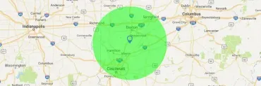 Map of Ohio with a large green circle highlighting the area around Dayton.