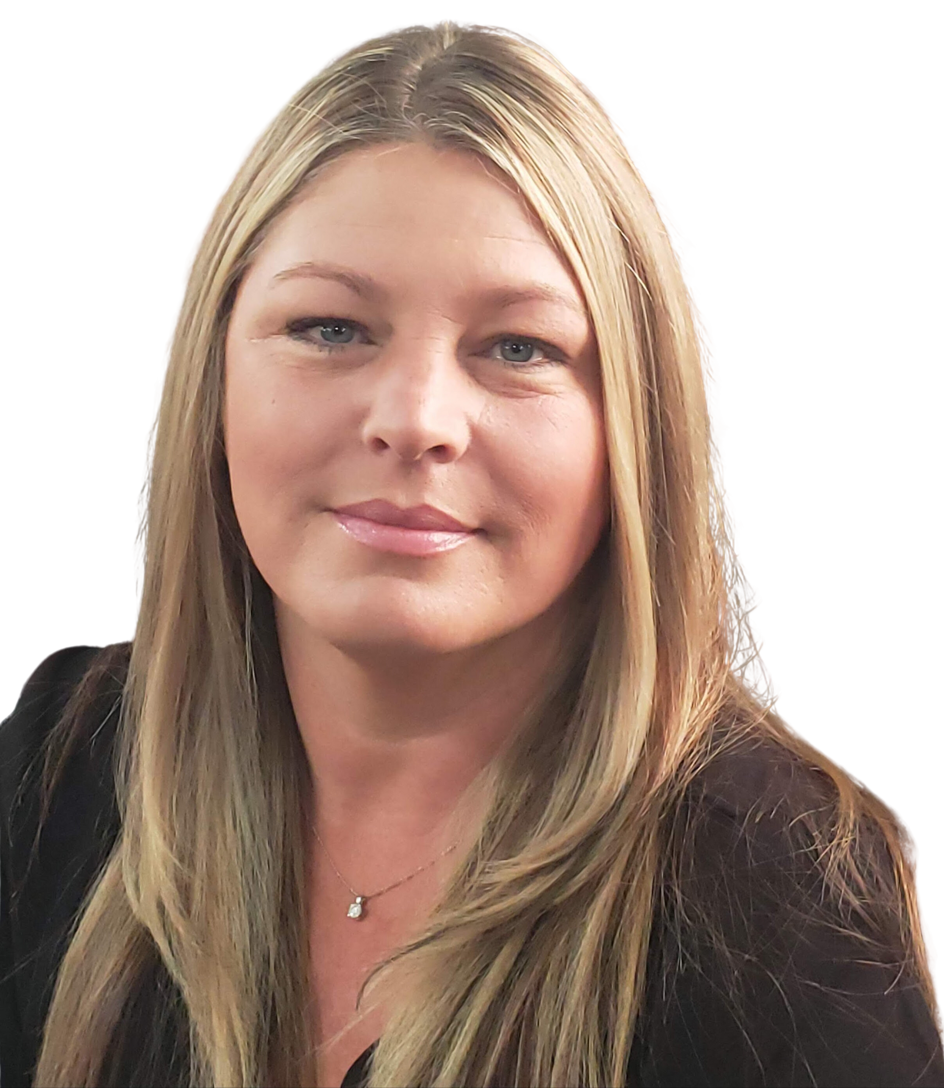 A woman with long blonde hair is wearing a black shirt and a necklace