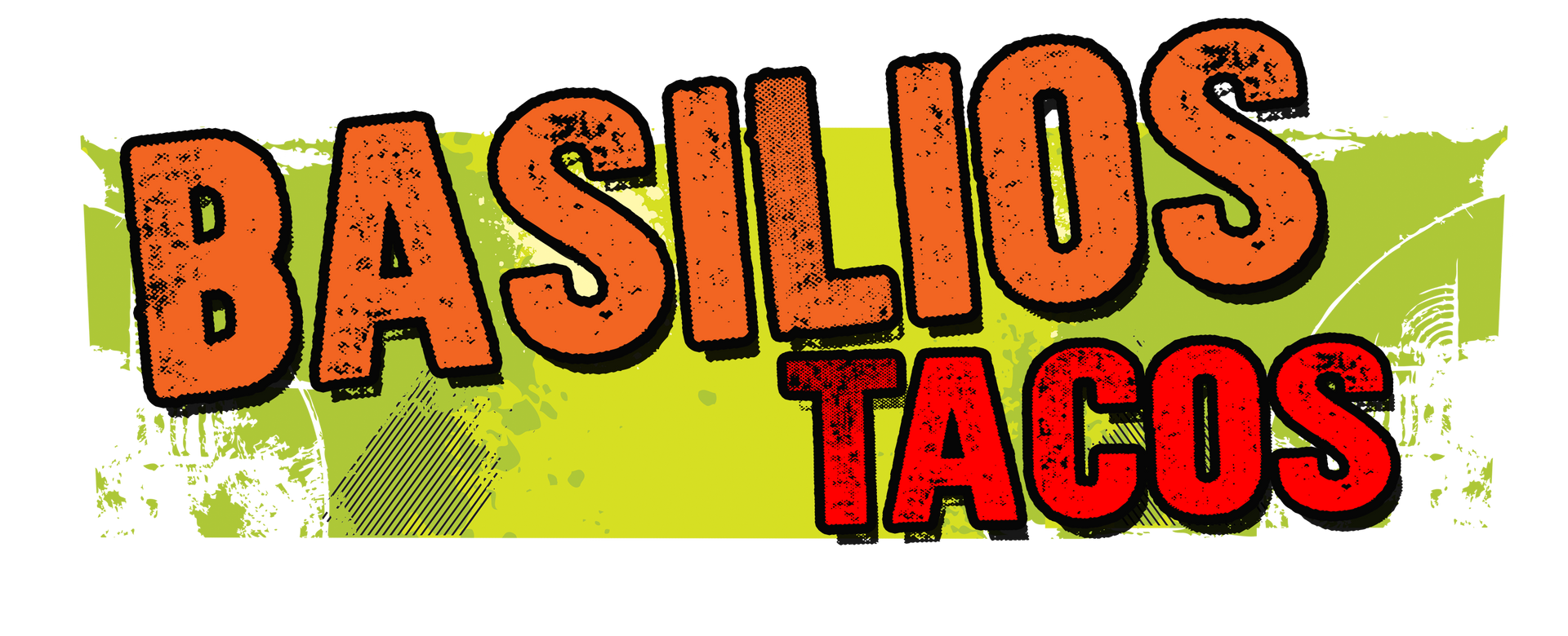 Basilios Tacos logo in orange and red with a grunge-style green background.