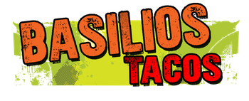 Basilios Tacos logo in orange and red with a grunge-style green background.
