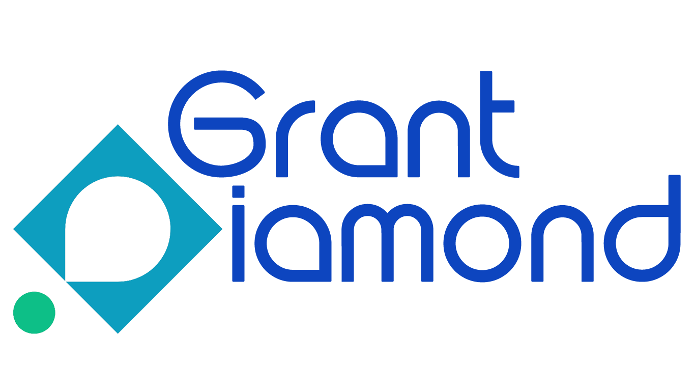 A blue and white logo for grant diamond