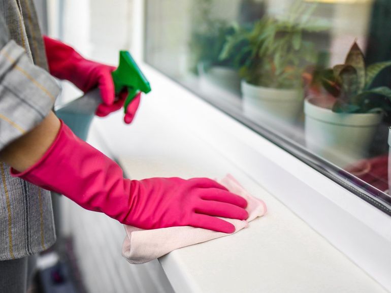 cleaning and wiping the windows area