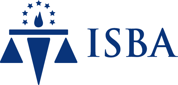 A blue logo for isba with triangles and stars