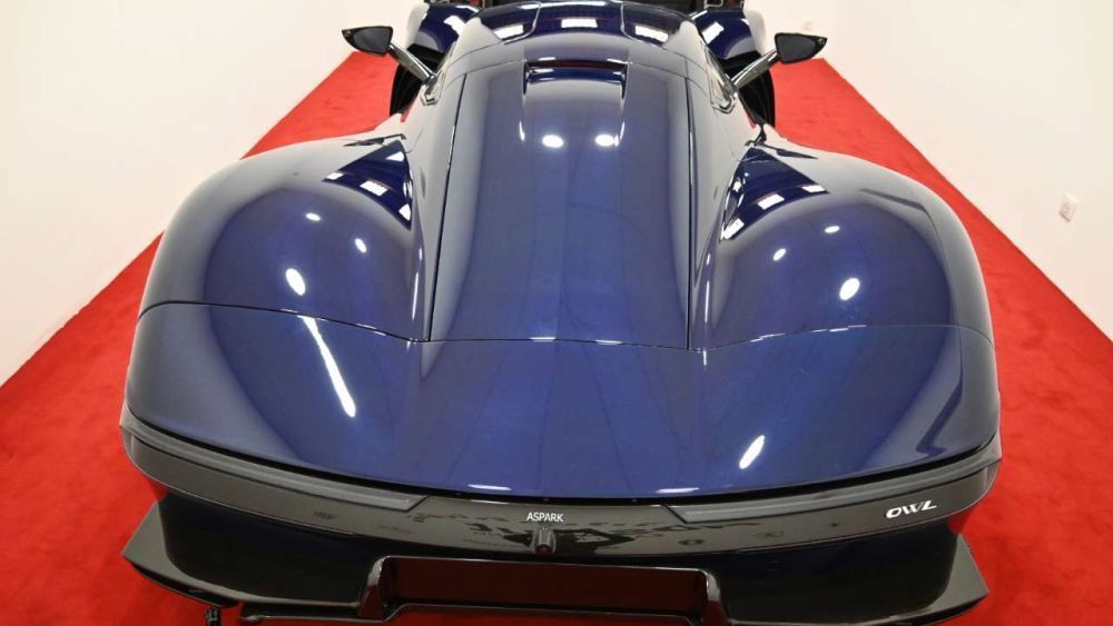 Een blauwe Aspark Owl van de achterkant bezien