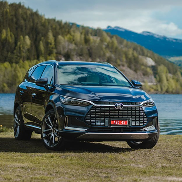 Donkerblauwe BYD Tang staat geparkeerd op het gras bij een meer met berglandschap op de achtergrond