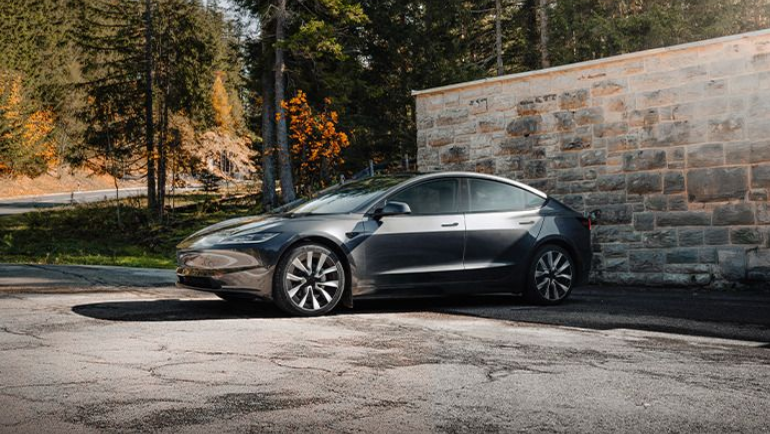 Tesla Model 3 staat met zijn achterkant voor een muur geparkeerd in een bosrijke omgeving