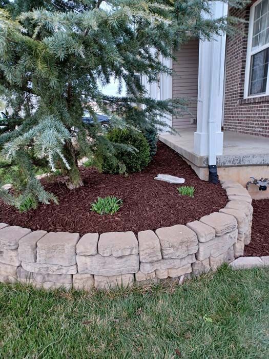 A stone wall is surrounding a tree in front of a house.