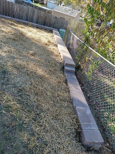 A concrete wall is being built in a backyard next to a chain link fence.