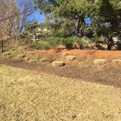A grassy hillside with a fence and trees in the background.