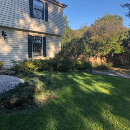A white house with black shutters and a lush green lawn in front of it.