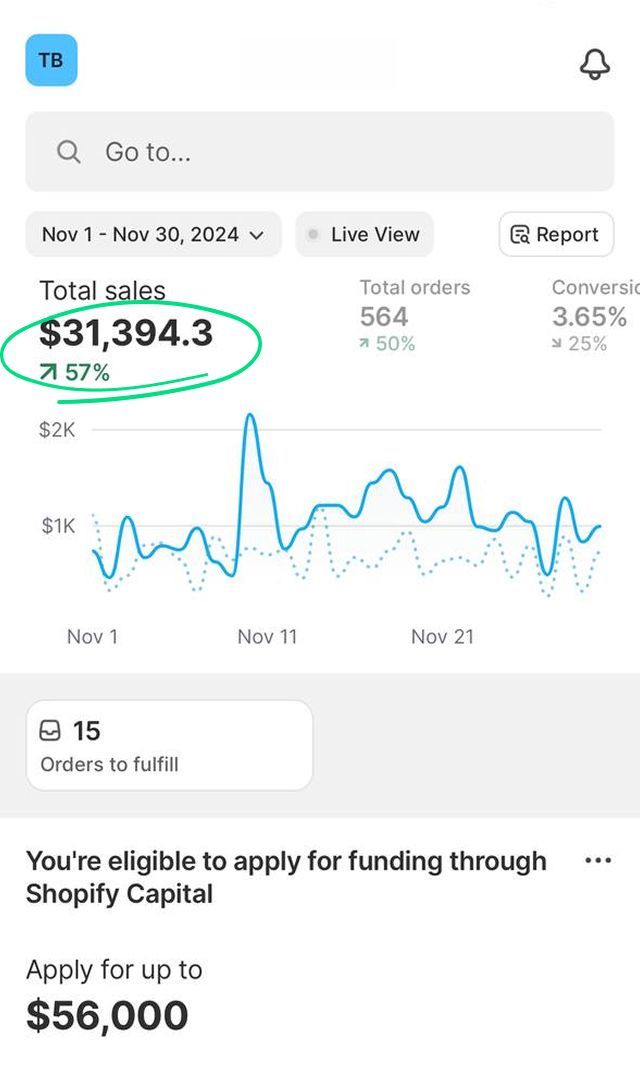 A screenshot of a shopify dashboard showing a graph of sales.