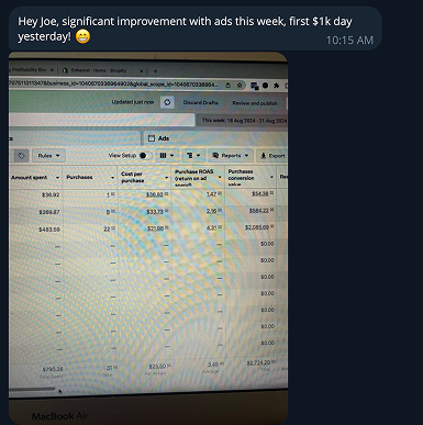 A computer screen with a message that says hey joe significant improvement with ads this week first $ 1k day yesterday