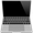 A laptop computer with a black screen and a keyboard on a white background.