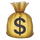 A gold money bag with a dollar sign on it.