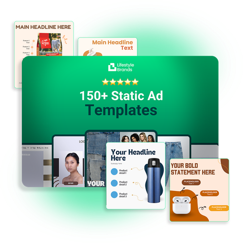 150+ static ad templates are displayed on a white background.