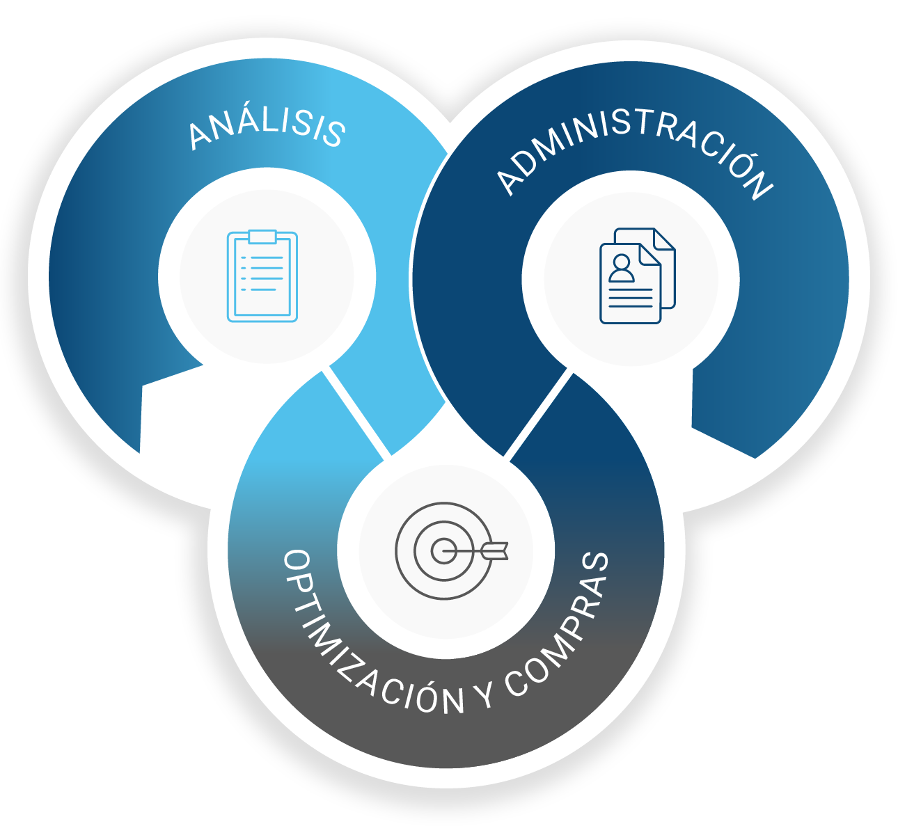 A circle with the words analisis optimizacion y compras on it