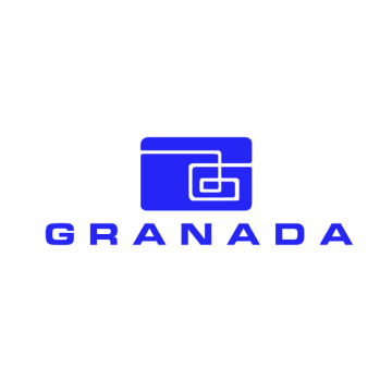 A blue logo for granada is on a white background