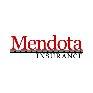 The logo for mendota insurance is red and black on a white background.