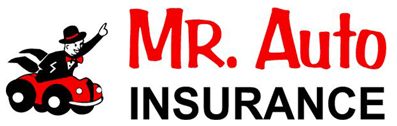 The logo for mr. auto insurance shows a man in a suit driving a red car.