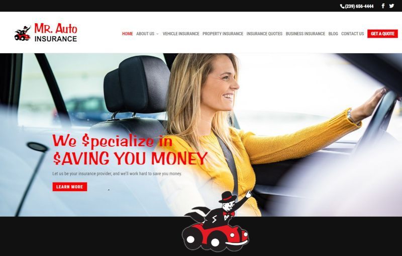 A woman is driving a car on a website that says `` we specialize in saving you money ''.