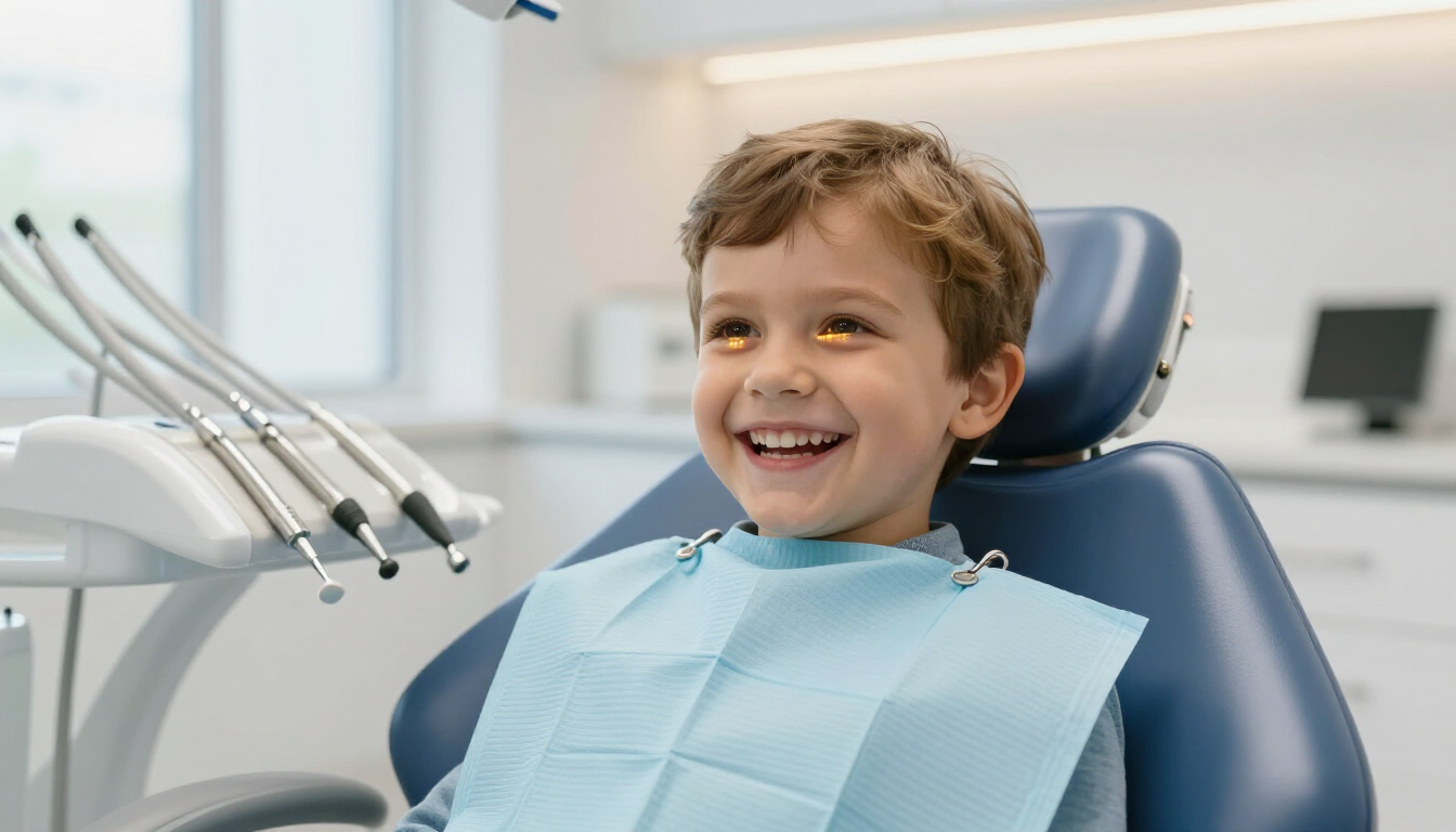 Bambino sorridente durante una visita odontoiatrica di controllo per prevenire le carie.