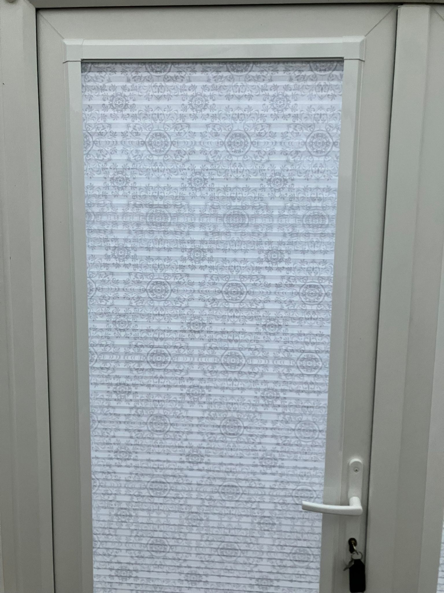 A white door with a white blind on it.