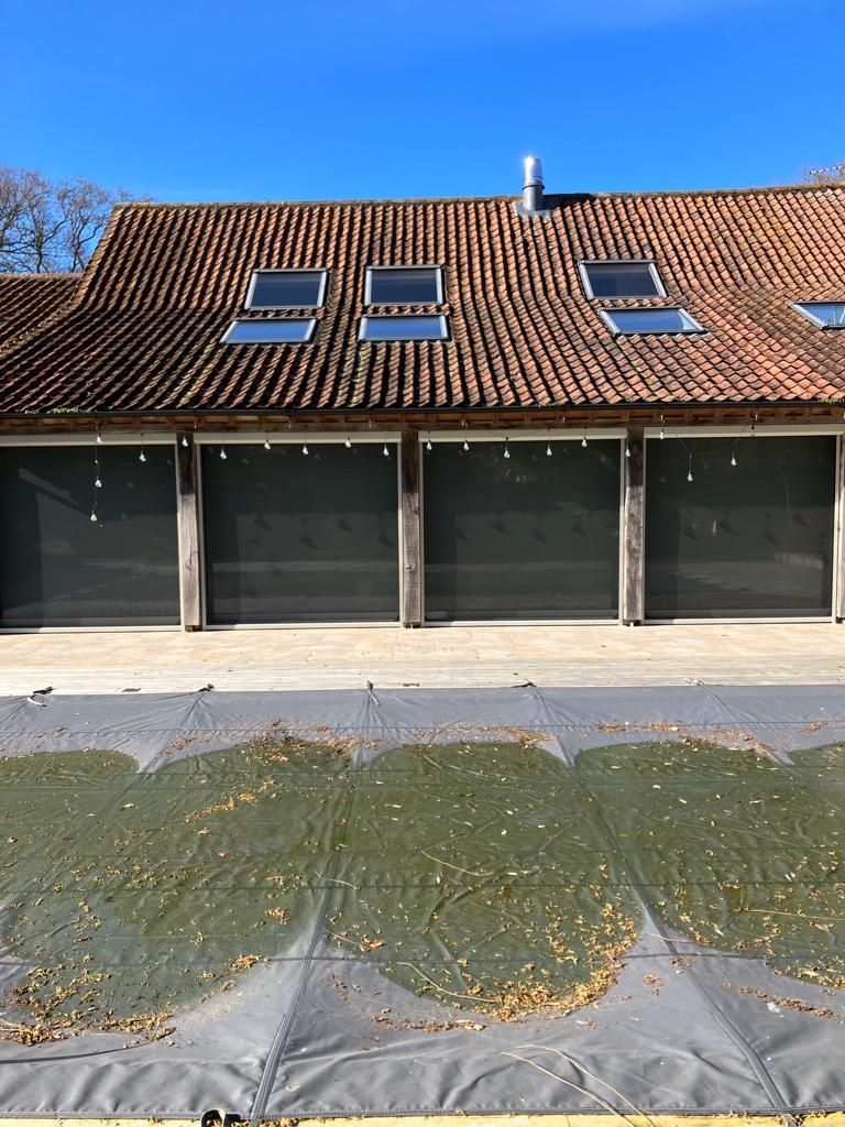A house with a roof that has a lot of windows and a lot of leaves on the ground.