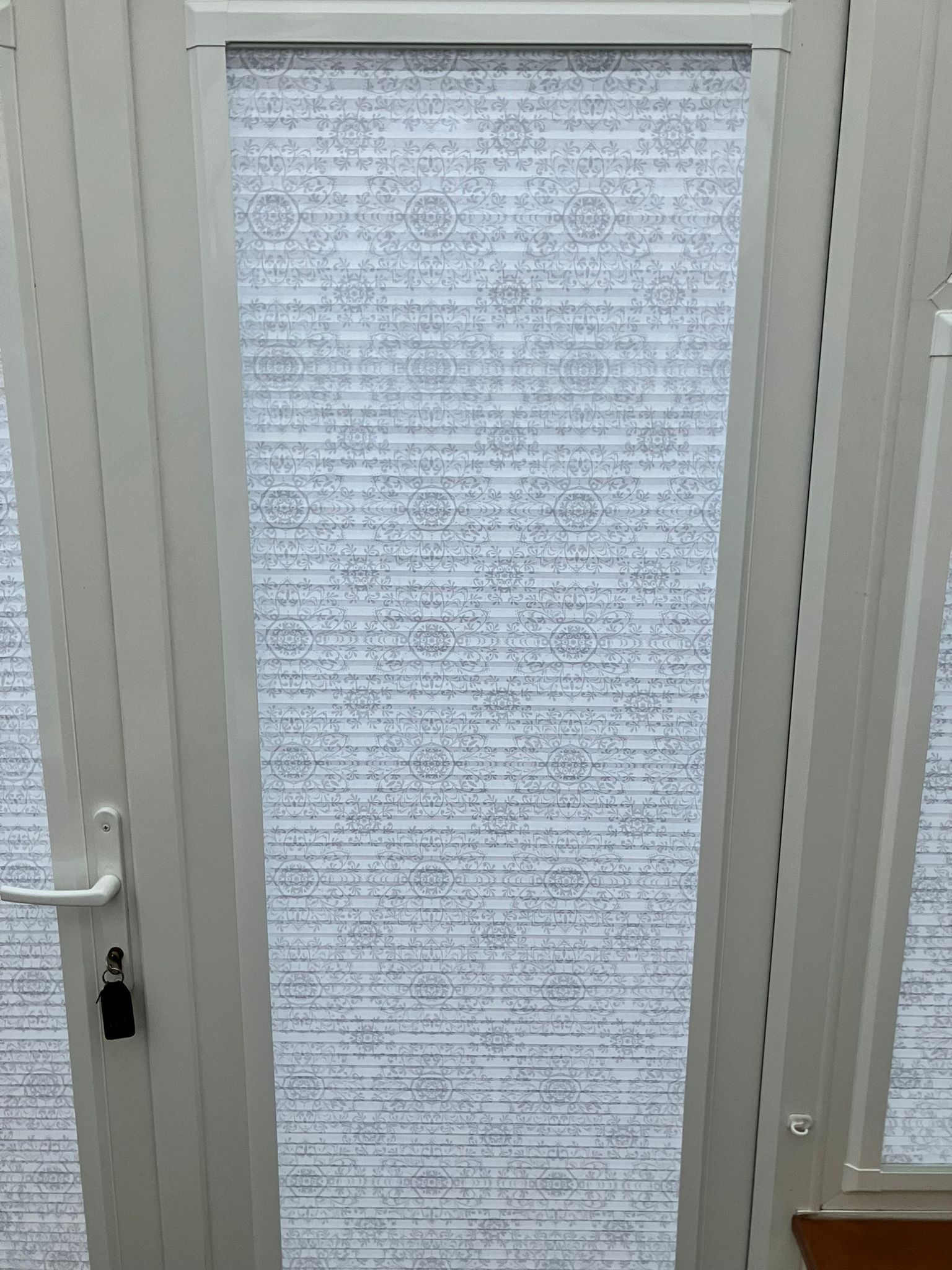 A close up of a door with blinds on it.